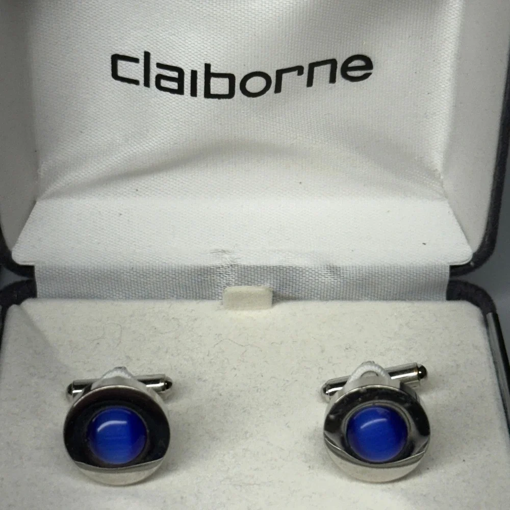 Claiborne Silver Tone Cufflinks Blue Gemstone Elegant Formal‎ Accessory
